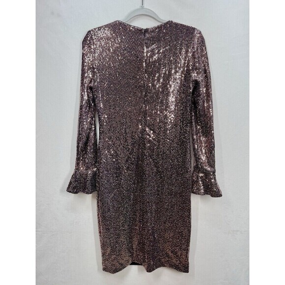 Joseph Ribkoff Shimmer Sheath Dress Size 6 Rose Gold Flare Long Sleeve Party - Picture 4 of 12